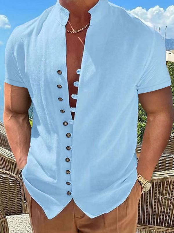 Men's  Vintage Button Stand Collar Short Sleeve Shirt