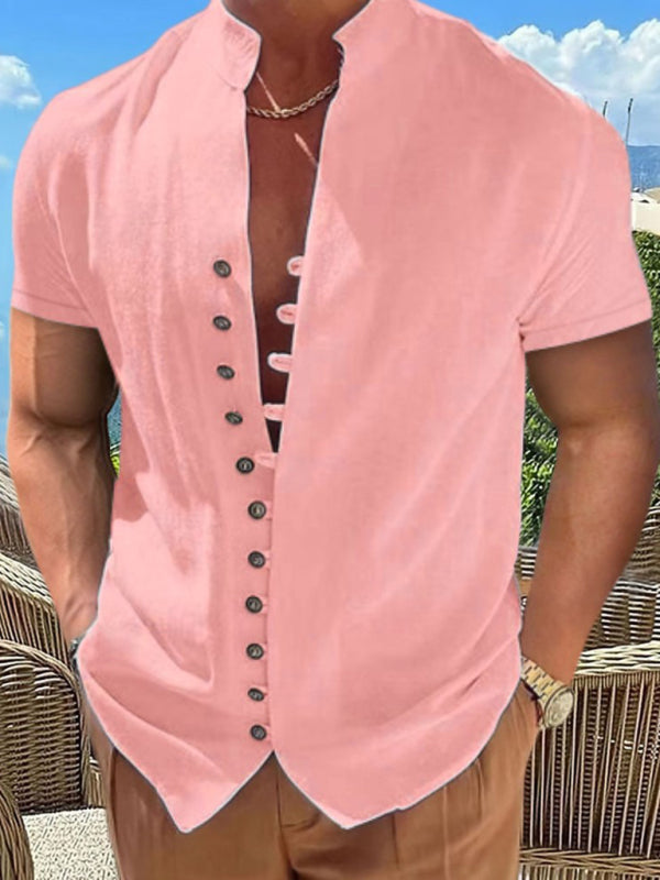 Men's  Vintage Button Stand Collar Short Sleeve Shirt