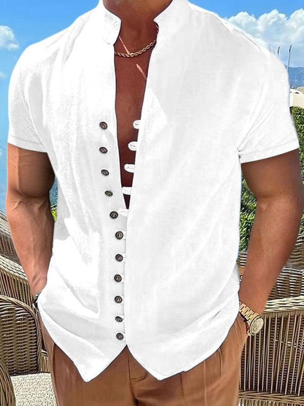 Men's  Vintage Button Stand Collar Short Sleeve Shirt