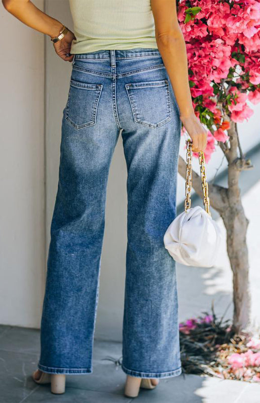 Women's Skinny Straight Tube Washed Mid-Waist Jeans