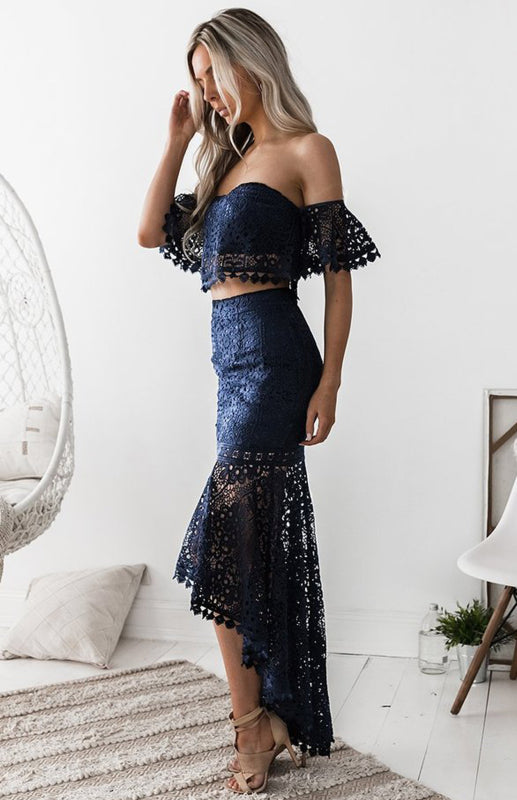 Ladies Casual Fashion Two Piece Lace Crop Top Skirt  Set