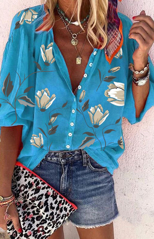 Women's Floral Printed Stand Collar Loose Casual Shirt