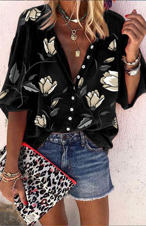 Women's Floral Printed Stand Collar Loose Casual Shirt