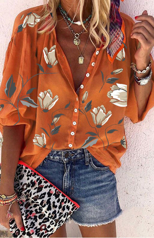 Women's Floral Printed Stand Collar Loose Casual Shirt
