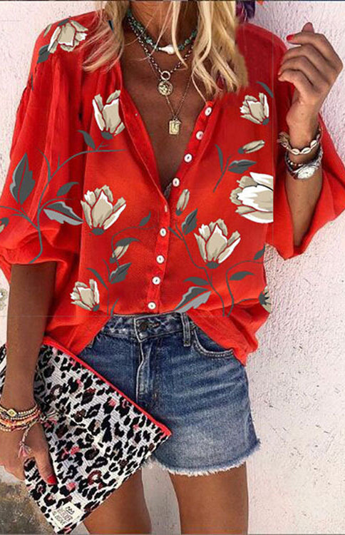 Women's Floral Printed Stand Collar Loose Casual Shirt