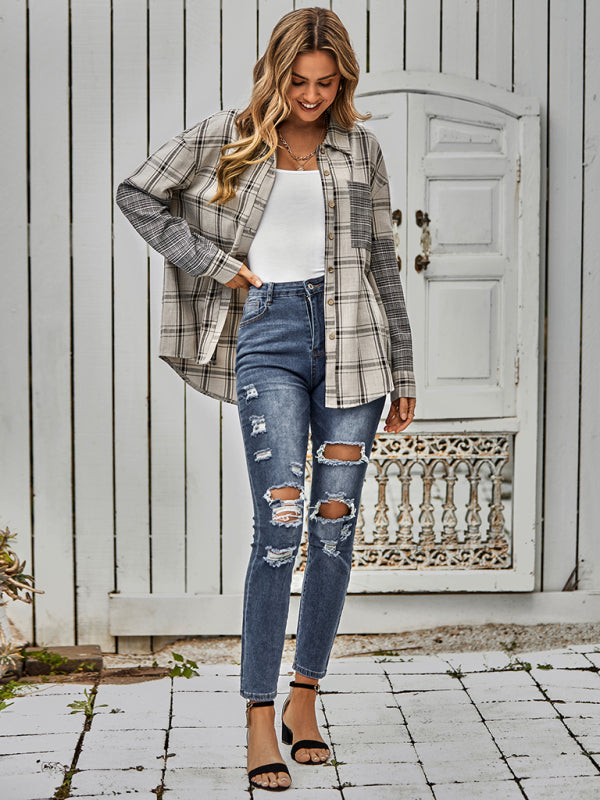 Women's single breasted Plaid stitched shirt