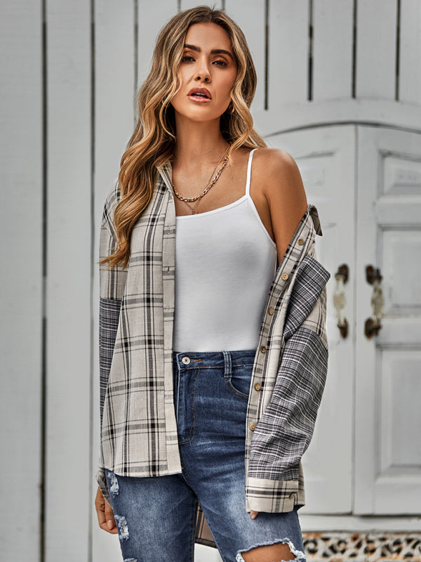 Women's single breasted Plaid stitched shirt