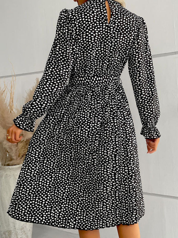 Women’s High Collar Dotted Dress With Waist Tie