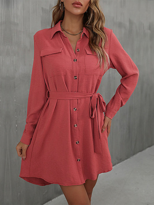 Stylish Women's Collared Button Down Mini Dress with Waist Tie - Elegant and versatile fashion choice for women, perfect for any occasion, in various colors and sizes, available at Llama Me Baby