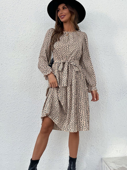 Chic Women's Leopard Print Business-Casual Dress with Front Waist Tie – Trendy Animal Print Office Attire for Fashionable Professionals.