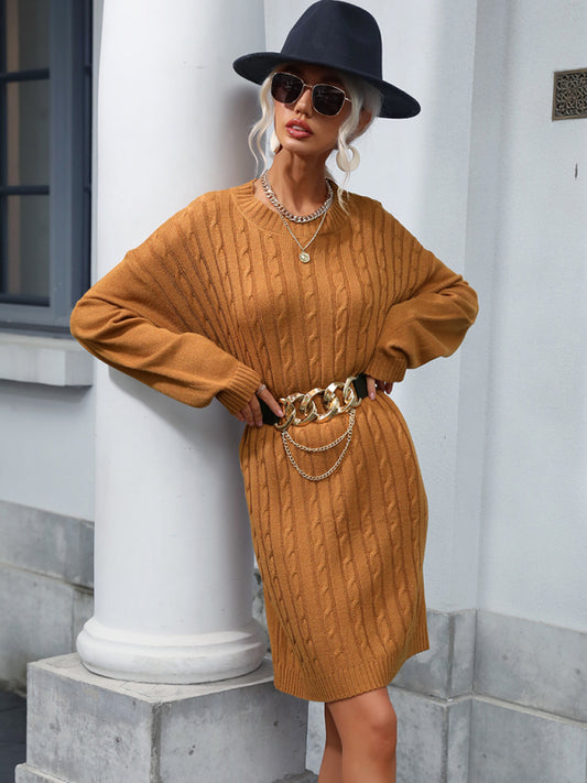 Women’s Round Neckline Cable Loose Fit Sweater Dress