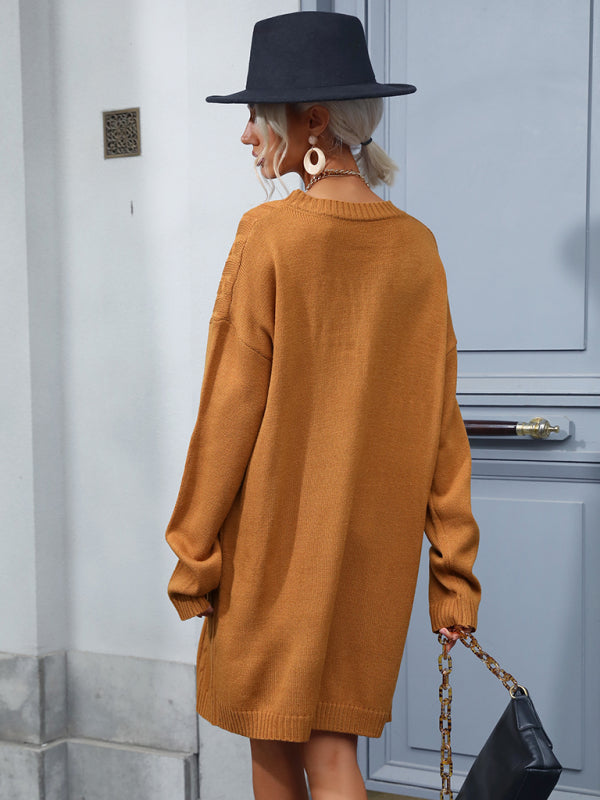 Women’s Round Neckline Cable Loose Fit Sweater Dress