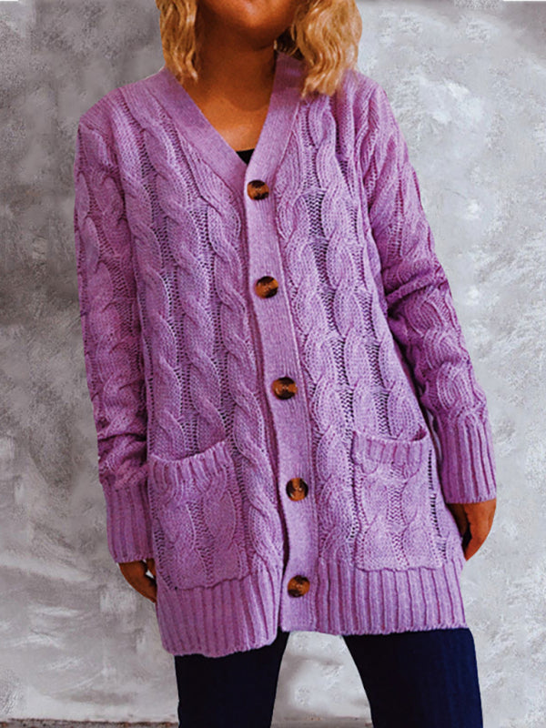 Women’s V Neckline Cable Knit With Button Front Closure With Pockets Cardigan