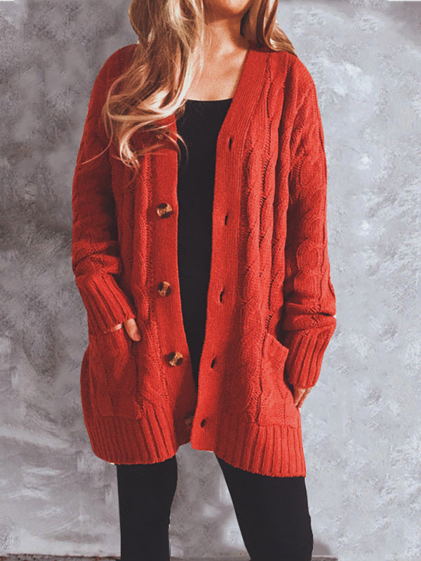 Women’s V Neckline Cable Knit With Button Front Closure With Pockets Cardigan