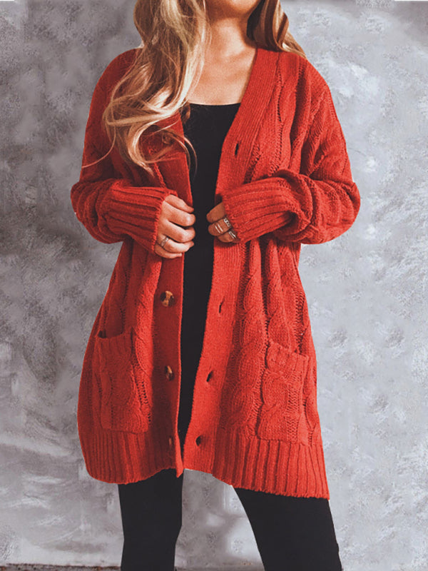Women’s V Neckline Cable Knit With Button Front Closure With Pockets Cardigan