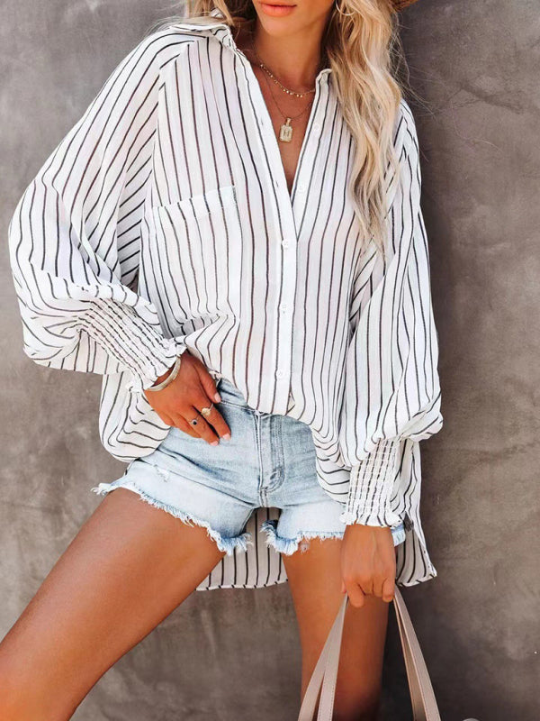 Women's Collar shirt thin medium long stripe casual long sleeve shirt