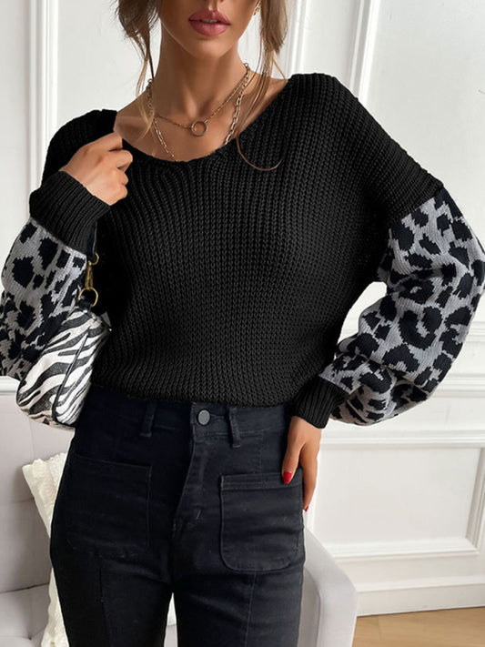 Women’s Scoop Neckline Dropped Shoulders Long Sleeve With Leopard Print Ribbed Sweater Top