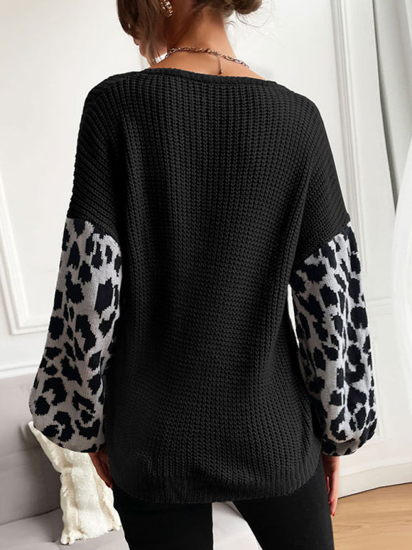 Women’s Scoop Neckline Dropped Shoulders Long Sleeve With Leopard Print Ribbed Sweater Top