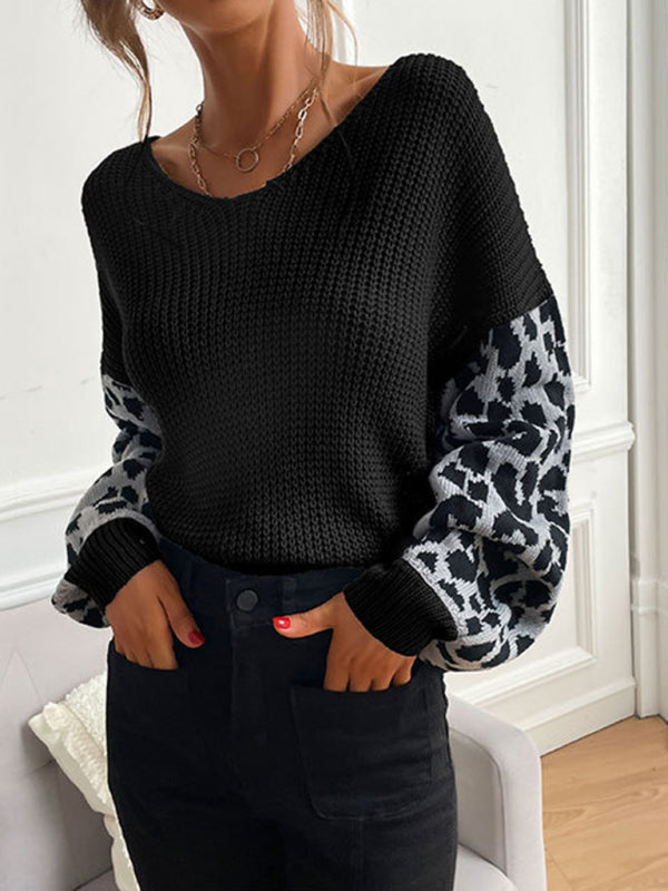 Women’s Scoop Neckline Dropped Shoulders Long Sleeve With Leopard Print Ribbed Sweater Top