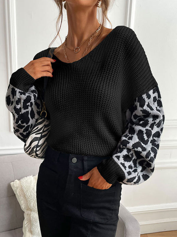 Women’s Scoop Neckline Dropped Shoulders Long Sleeve With Leopard Print Ribbed Sweater Top