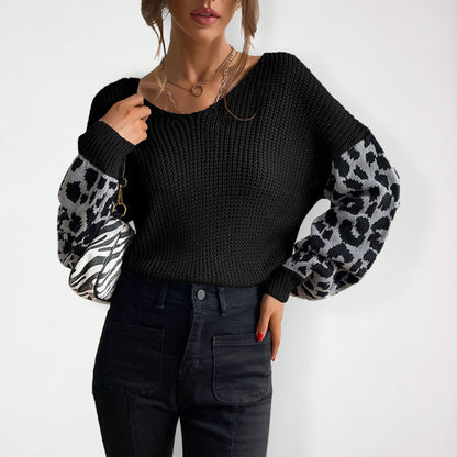 Women’s Scoop Neckline Dropped Shoulders Long Sleeve With Leopard Print Ribbed Sweater Top