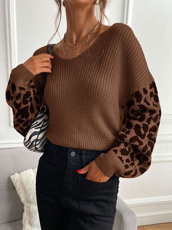 Women’s Scoop Neckline Dropped Shoulders Long Sleeve With Leopard Print Ribbed Sweater Top