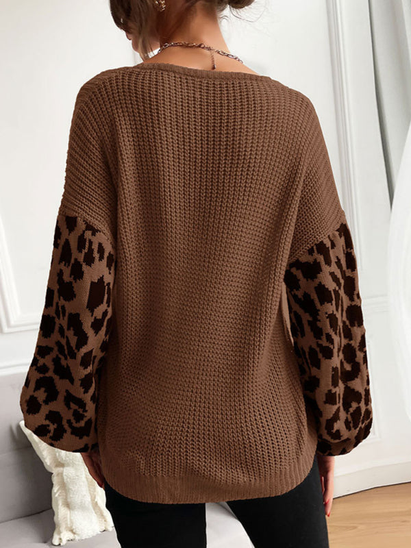 Women’s Scoop Neckline Dropped Shoulders Long Sleeve With Leopard Print Ribbed Sweater Top
