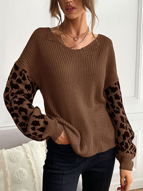 Women’s Scoop Neckline Dropped Shoulders Long Sleeve With Leopard Print Ribbed Sweater Top