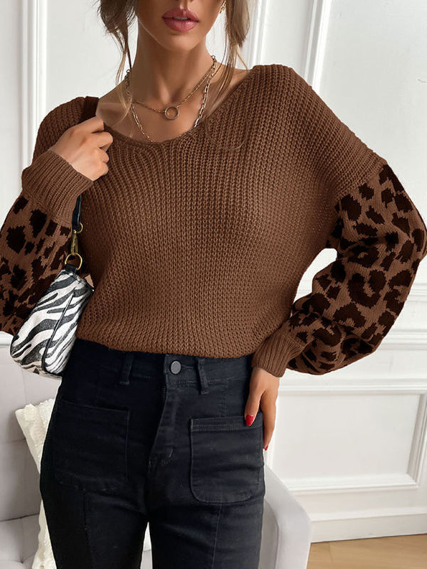 Women’s Scoop Neckline Dropped Shoulders Long Sleeve With Leopard Print Ribbed Sweater Top