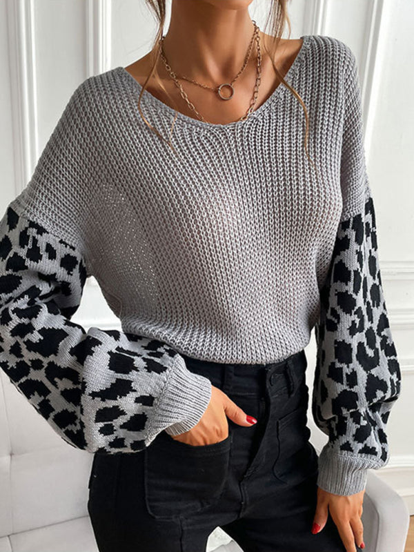 Women’s Scoop Neckline Dropped Shoulders Long Sleeve With Leopard Print Ribbed Sweater Top