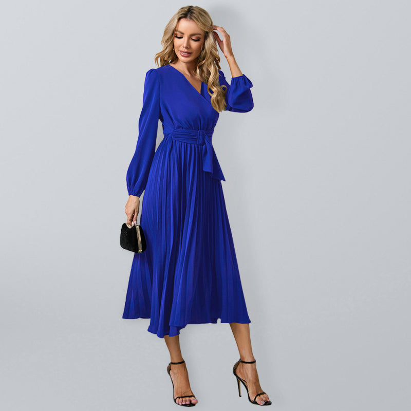 Women’s V Neck Faux-wrap Styling With Belt At Waist Maxi Pleated Long Sleeve Dress