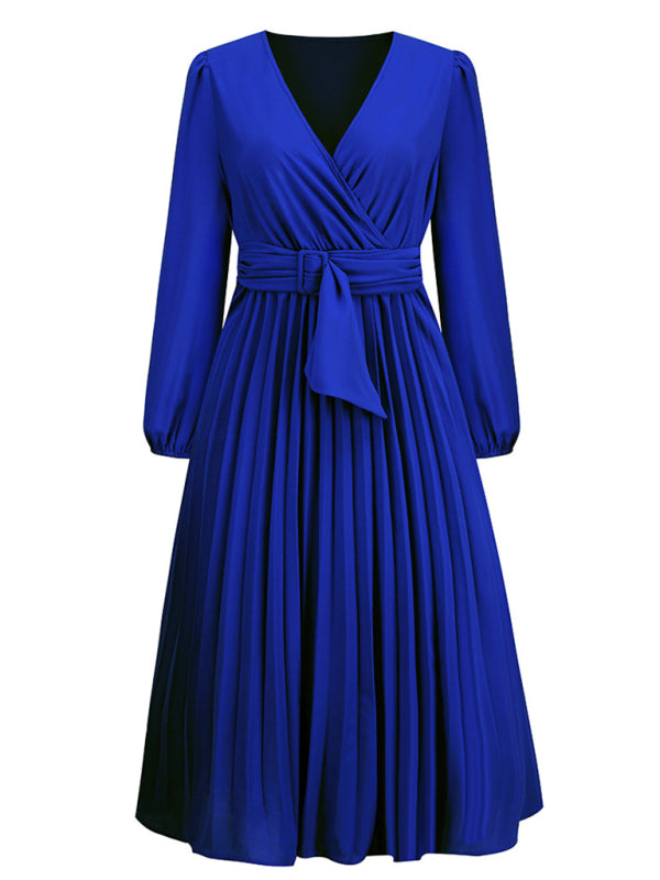 Women’s V Neck Faux-wrap Styling With Belt At Waist Maxi Pleated Long Sleeve Dress