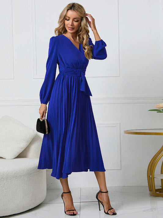 Elegant Women's V Neck Maxi Dress - Faux-wrap Style with Waist Belt, Pleated Long Sleeves - A sophisticated choice for any occasion, this timeless women's maxi dress exudes grace and style, with a flattering silhouette and chic detailing.