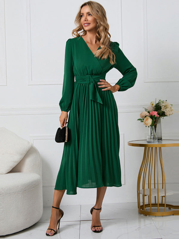 Women’s V Neck Faux-wrap Styling With Belt At Waist Maxi Pleated Long Sleeve Dress