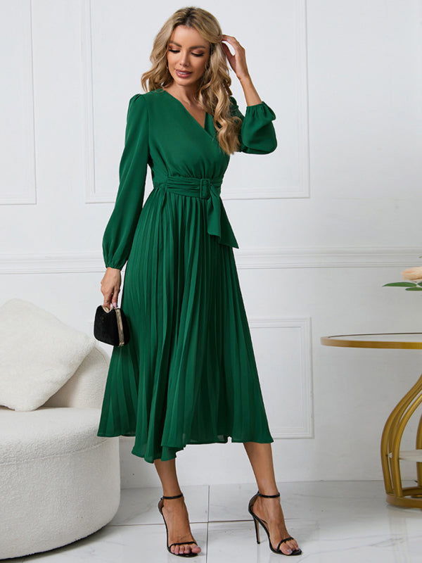 Women’s V Neck Faux-wrap Styling With Belt At Waist Maxi Pleated Long Sleeve Dress