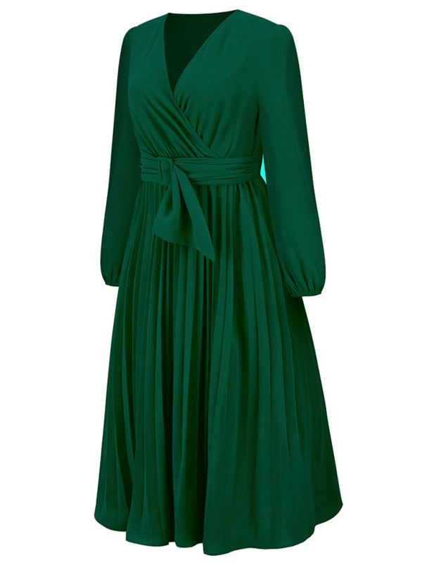Women’s V Neck Faux-wrap Styling With Belt At Waist Maxi Pleated Long Sleeve Dress