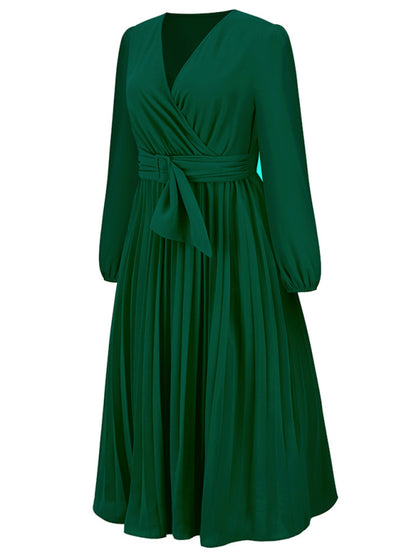 Women’s V Neck Faux-wrap Styling With Belt At Waist Maxi Pleated Long Sleeve Dress
