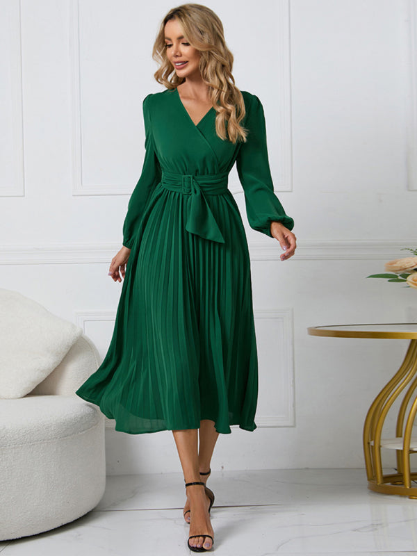 Women’s V Neck Faux-wrap Styling With Belt At Waist Maxi Pleated Long Sleeve Dress