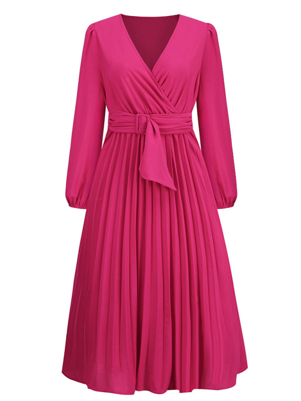 Women’s V Neck Faux-wrap Styling With Belt At Waist Maxi Pleated Long Sleeve Dress