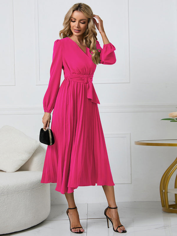 Women’s V Neck Faux-wrap Styling With Belt At Waist Maxi Pleated Long Sleeve Dress