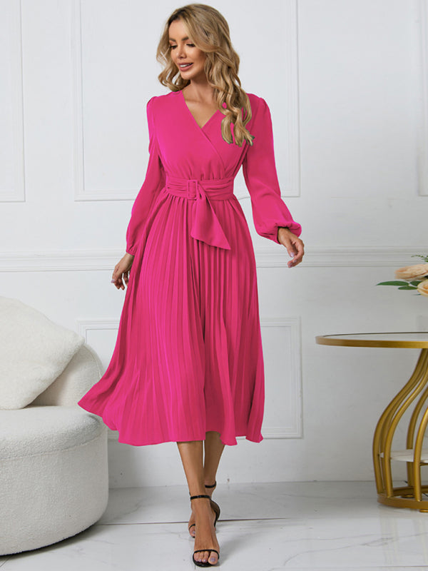 Women’s V Neck Faux-wrap Styling With Belt At Waist Maxi Pleated Long Sleeve Dress