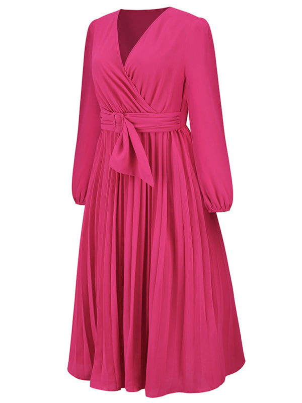 Women’s V Neck Faux-wrap Styling With Belt At Waist Maxi Pleated Long Sleeve Dress