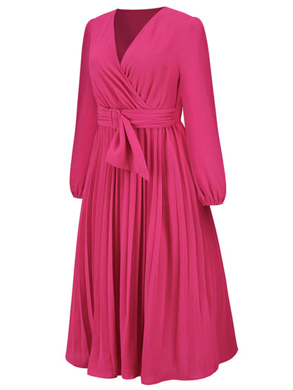 Women’s V Neck Faux-wrap Styling With Belt At Waist Maxi Pleated Long Sleeve Dress