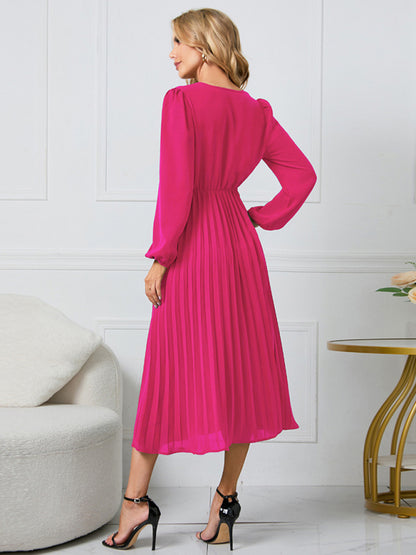 Women’s V Neck Faux-wrap Styling With Belt At Waist Maxi Pleated Long Sleeve Dress