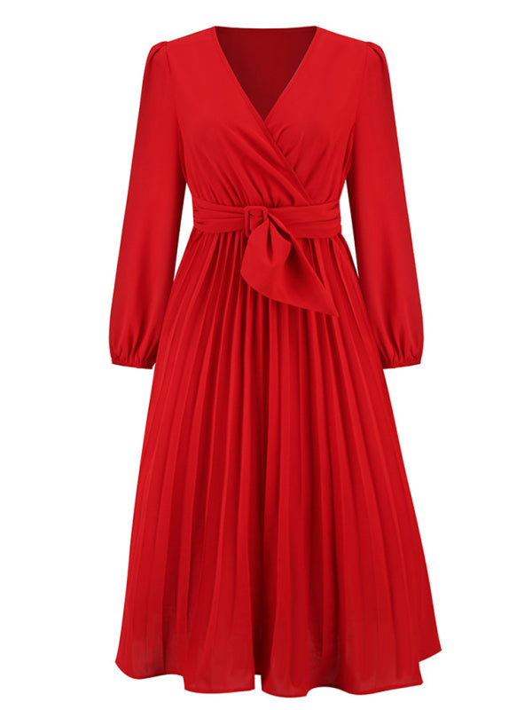 Women’s V Neck Faux-wrap Styling With Belt At Waist Maxi Pleated Long Sleeve Dress