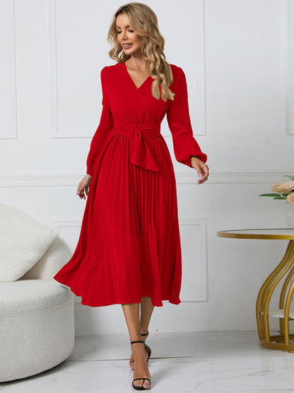 Women’s V Neck Faux-wrap Styling With Belt At Waist Maxi Pleated Long Sleeve Dress
