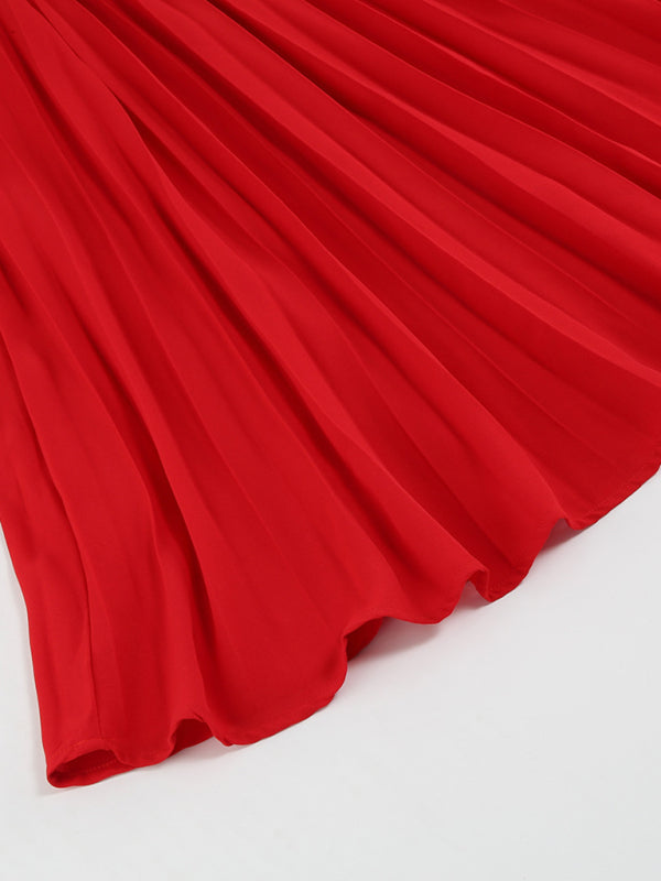 Women’s V Neck Faux-wrap Styling With Belt At Waist Maxi Pleated Long Sleeve Dress