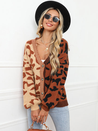 Women's Single Breasted Street Panel Leopard Print Oversized Knit Cardigan Sweater