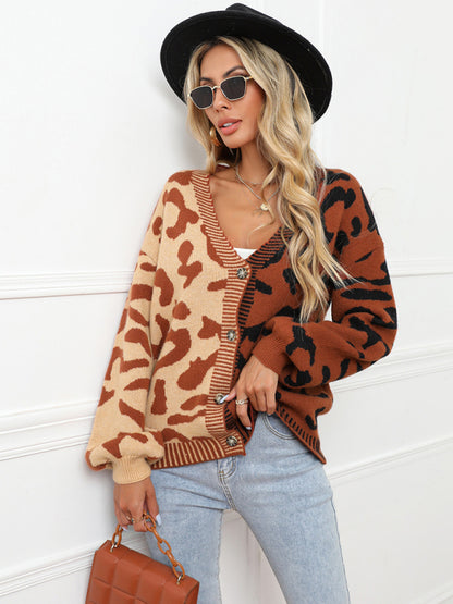 Women's Single Breasted Street Panel Leopard Print Oversized Knit Cardigan Sweater