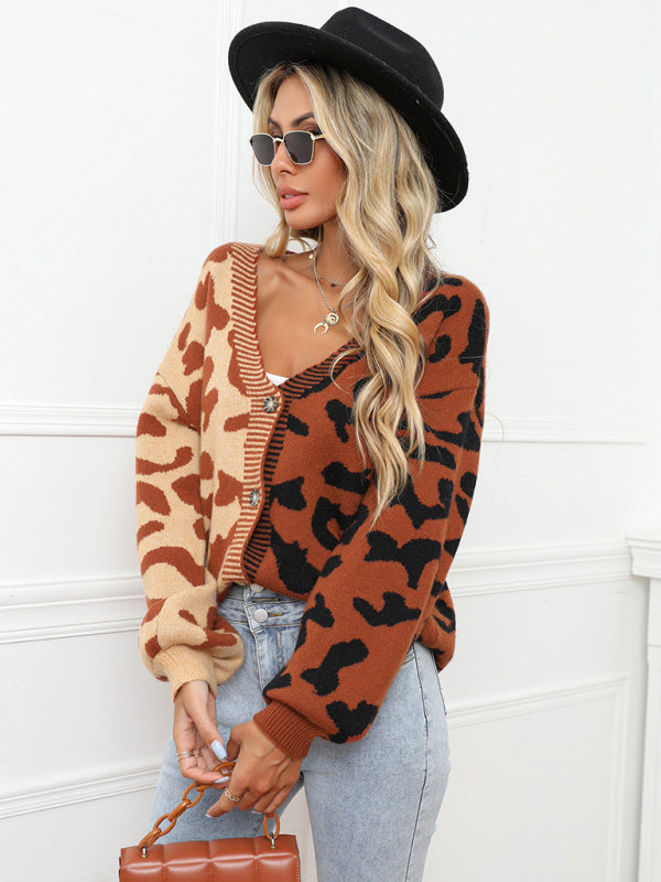 Women's Single Breasted Street Panel Leopard Print Oversized Knit Cardigan Sweater